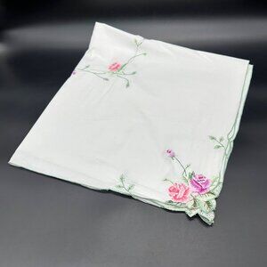 Vintage Embroidered White Tablecloth Pink Purple Rose Flower Small Square Floral